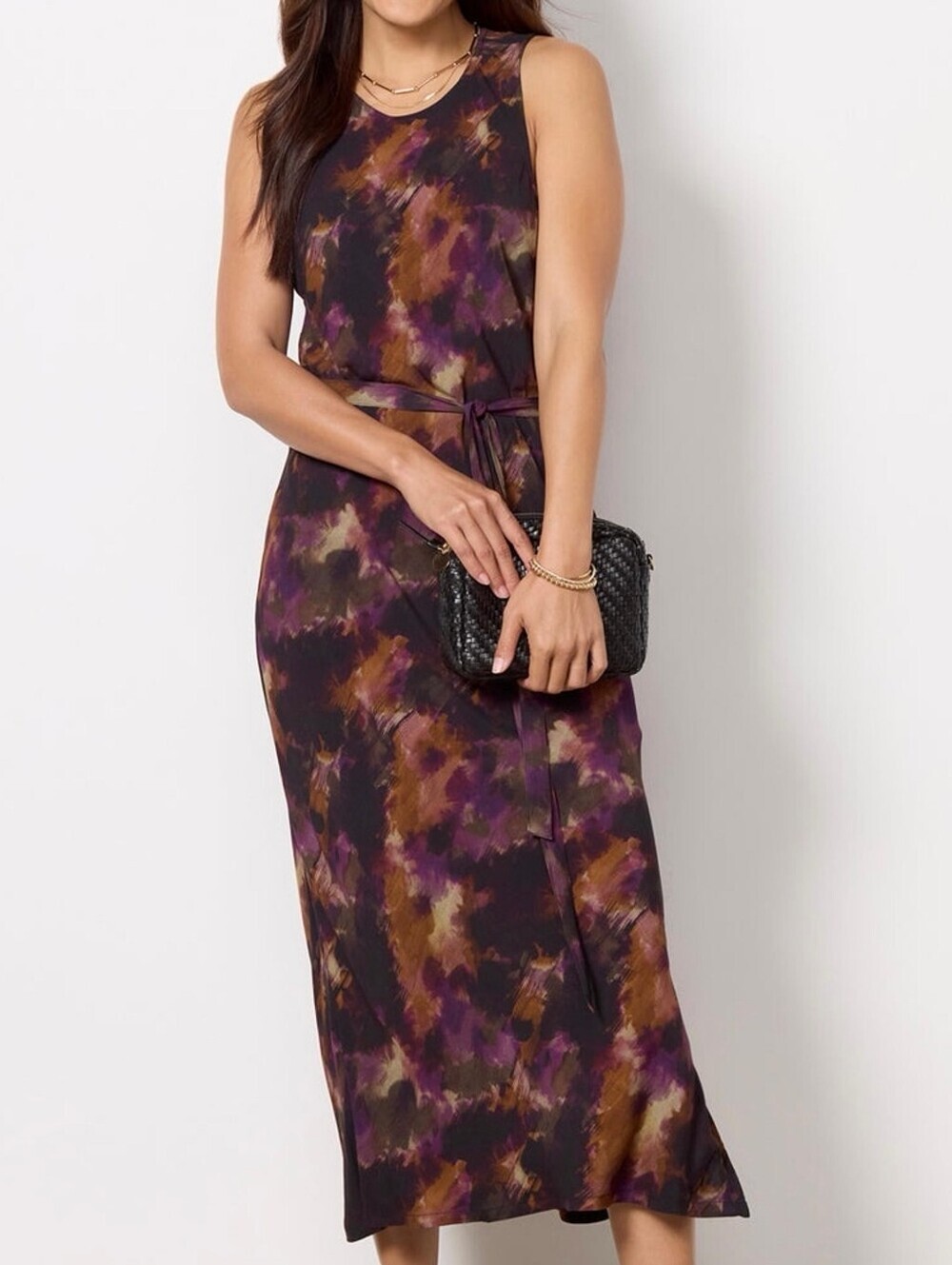 cloth & stone Sleeveless Tie-Waist Midi Dress in Plum, Brown and Black
